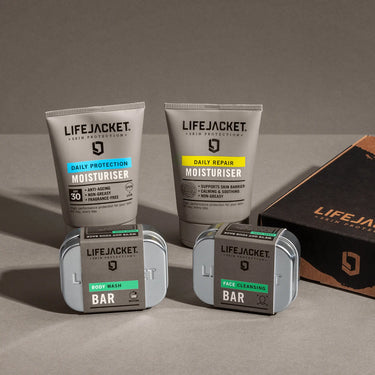 LifeJacket Daily Protection Set — SPF 30 moisturiser, daily repair moisturiser, body wash bar and face cleansing bar